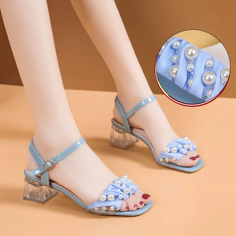 

Сандалии женские прозрачные на высоком каблуке 5 см с квадратным носком и эластичным светильник мешком