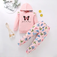 childrens clothing 2022 girls butterfly print long sleeve hooded sweater tunic pants set kids clothing wholesale