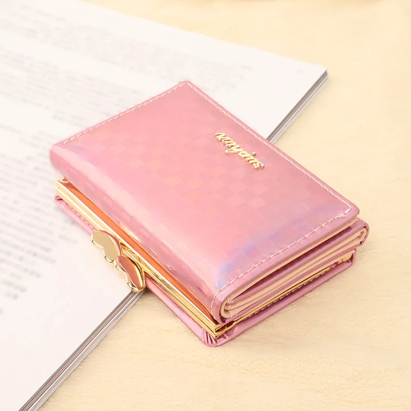 Wallets For Women Short Colorful Laser Purse Multifunctional Folding Coin Purse PU Leather Pink Purse Card Holders Cartera Mujer