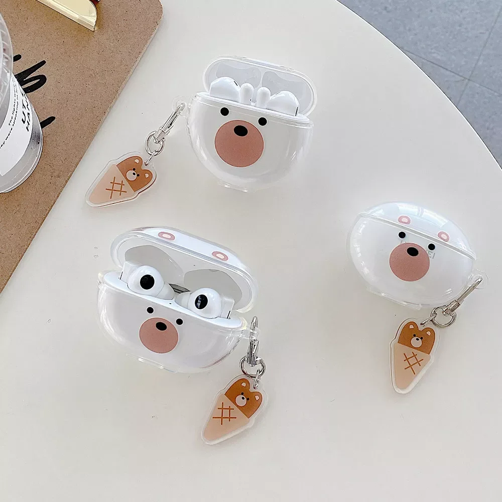 

Clear Cute Bear Case For HUAWEI Freebuds 4i 3 Pro Earphone Cases with Cheese Key chain Protector Cover Soft Headset Accessories