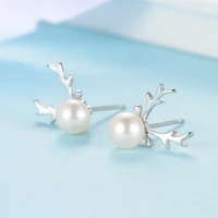 new vintage silver plated pearls antlers stud earrings for women retro fashion jewelry elegant lady christmas party gift earring