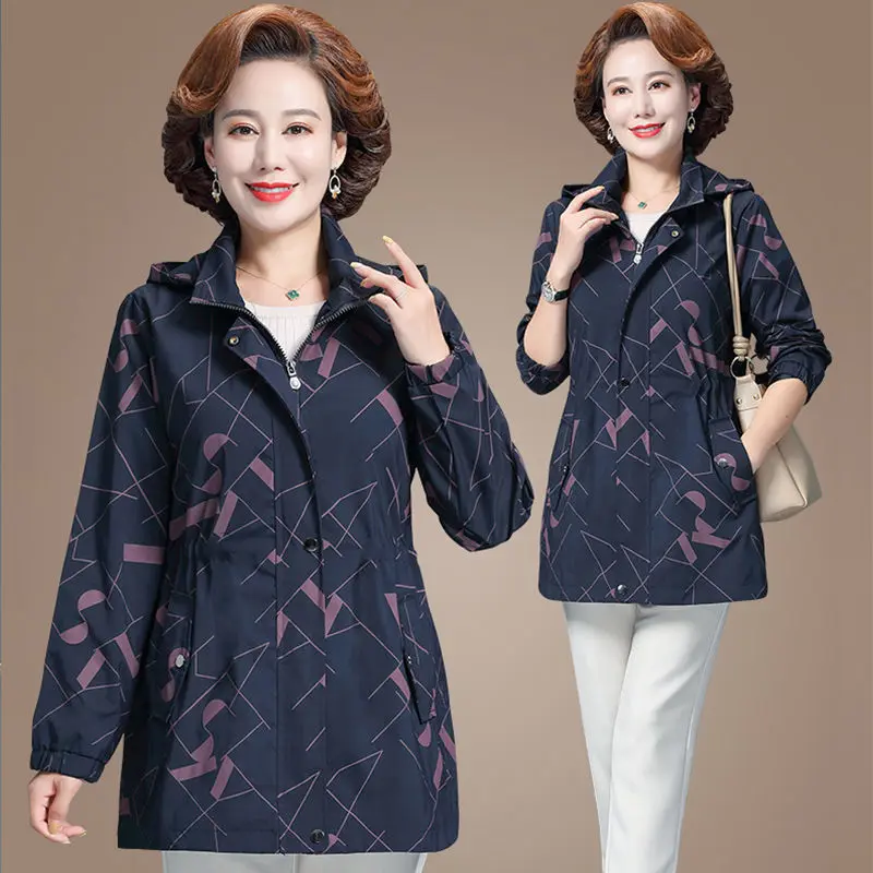 

Middle-aged and Mother Jacket Women 2022 Spring Autumn Printed Loose Hooded Coat Plus size Pocket Zipper Slim Outwear Female