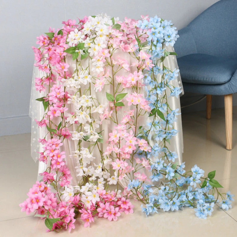 

230cm Artificial Cherry Blossom Flowers Wedding Garland Ivy Decoration Fake Silk Flowers Vine for Party Arch Home Decor String