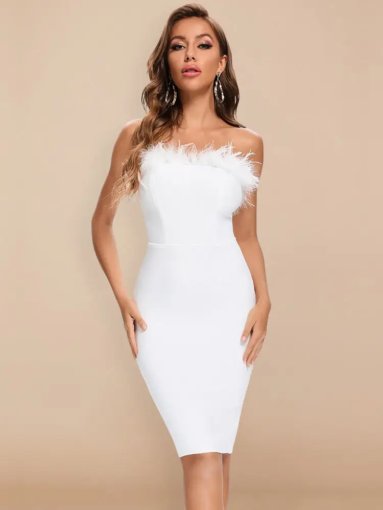 

2022 New White Sexy Women HL Bandage Dresses Bodycon Slash Feathers Club Black Strapless Celebrity Vestido Knee Length