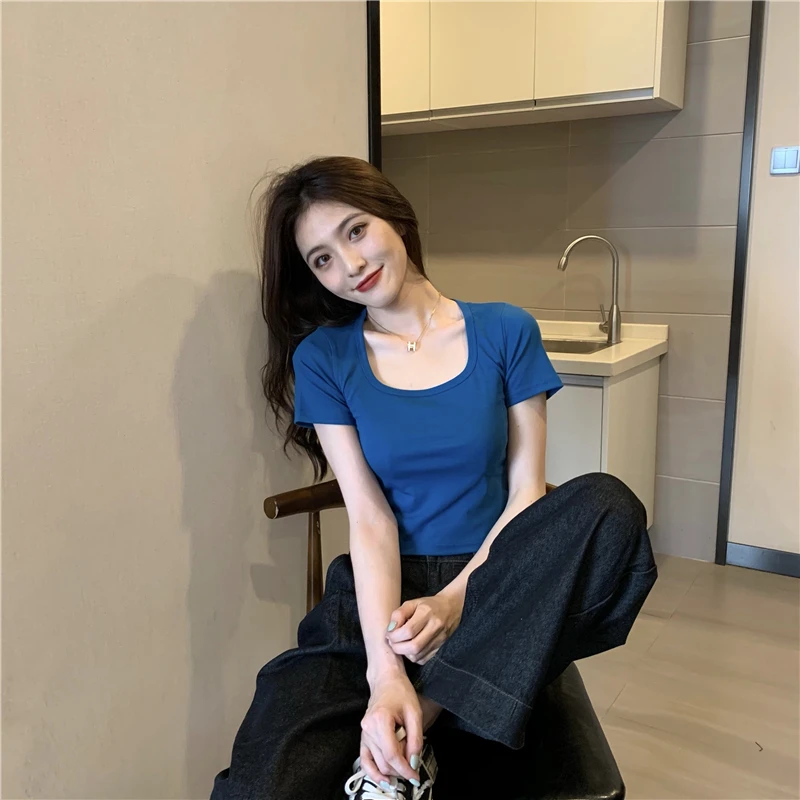 

GG0203 Short western style waist clip French slim square neck top women's summer new black short sleeves