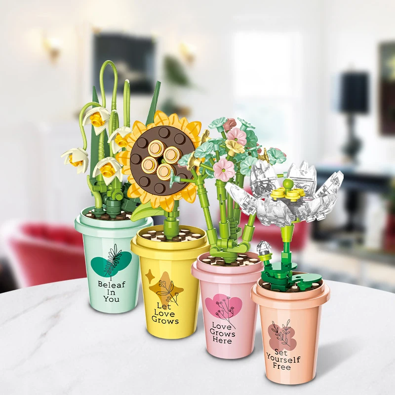 

Mini Potted Building Blocks Rose Flower Bonsai Model Bouquet Ornaments Plant Milk Tea Cup Puzzle Bricks for Kids Toys Girl Gifts