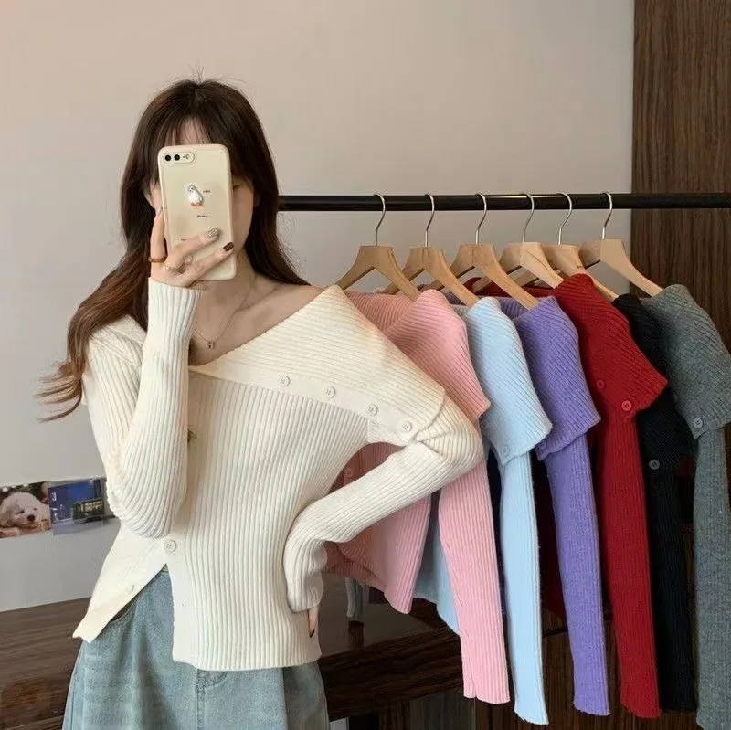 

Sweater for Women Off-the-shoulder Solid Color Knitwear Women's 2023 New Slimming Long-sleeved Sweater Women Pullover