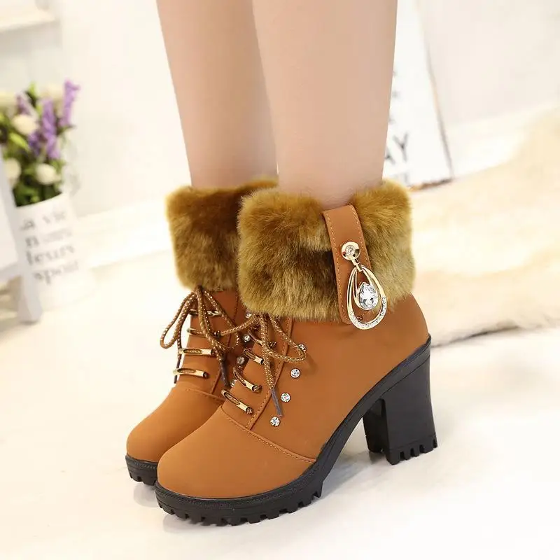 

2022 New Winter Women High Heels Shoes Warm Non-slip Block Cow Suede Warm Snow Boots Fashion Designer Crystal Plush Goth Botas