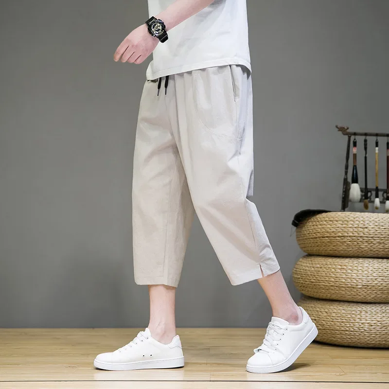 Лето 2023 новые мужские повседневные брюки длиной 7/2 свободные из хлопка и льна
