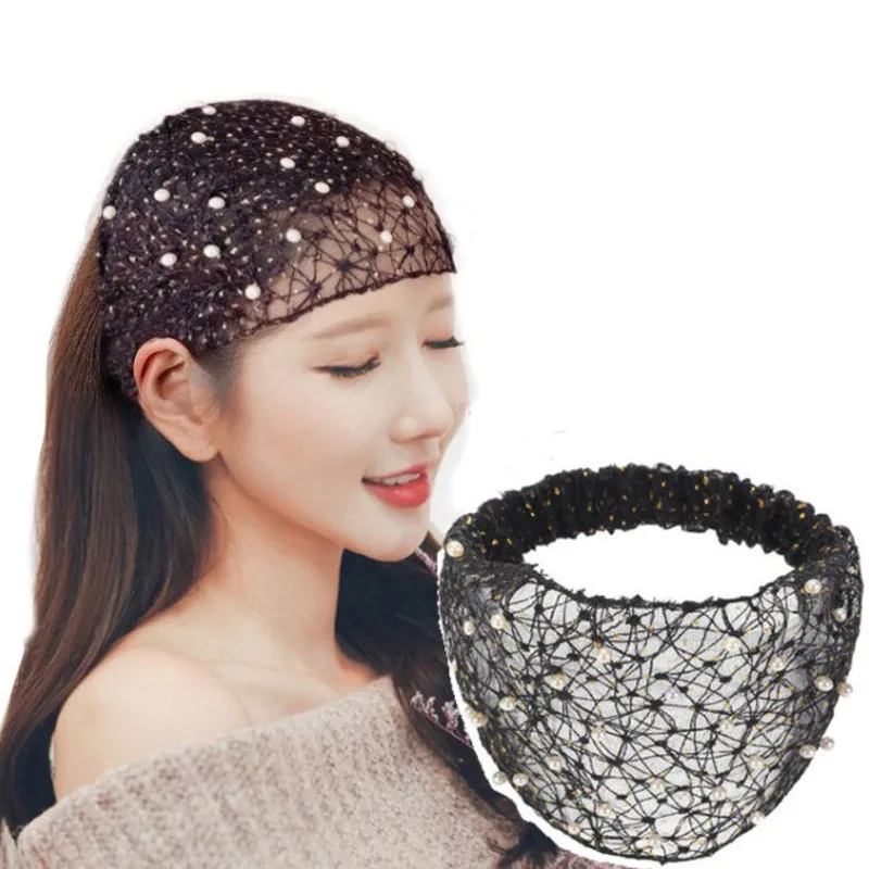 

Korean Pearl Wide-brimmed Hair Band Hair Cover Women's Artifact Hair Mesh Bandage Grenadine Headband Turban Washing Headwear