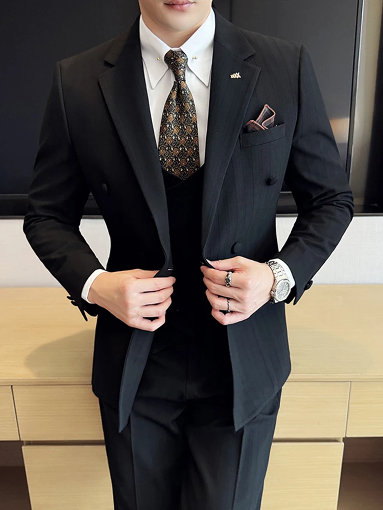 Solid Double Breasted Bridegroom Suit Men's Wedding Leisure Banquet Guest look Business Slim fit British Senior Formal D...