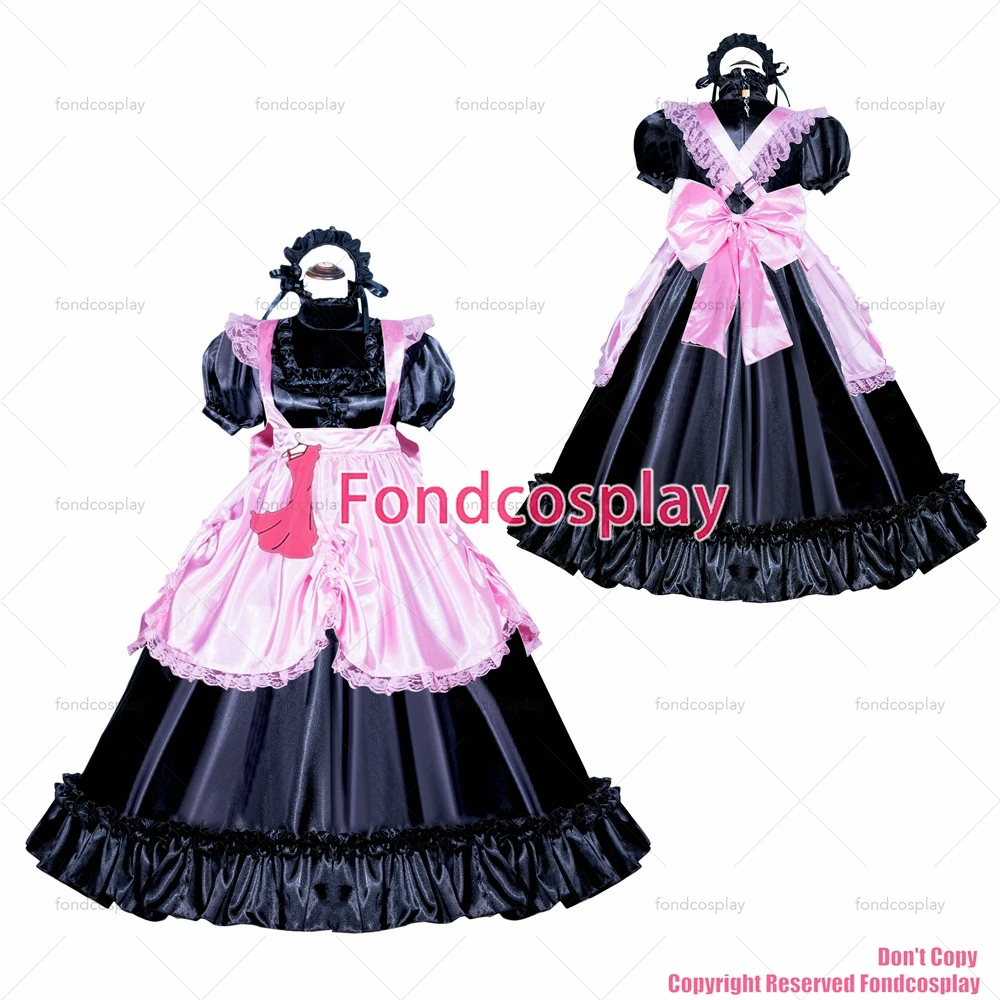 

tailor-made sexy adult dressing cross maid sissy long french lockable black satin dress pink apron tv/cd[g3995]