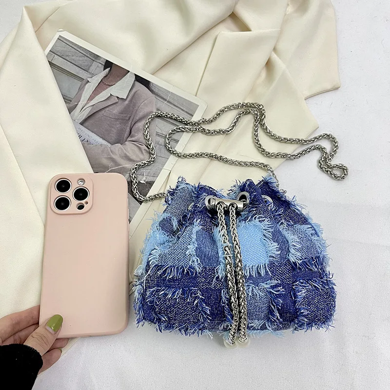 Patch Bucket Bag Tassel Chains Crossbody Bags for Women Canvas Drawstring Bag Mini Shoulder Bags Handbags and Purses Female Tote