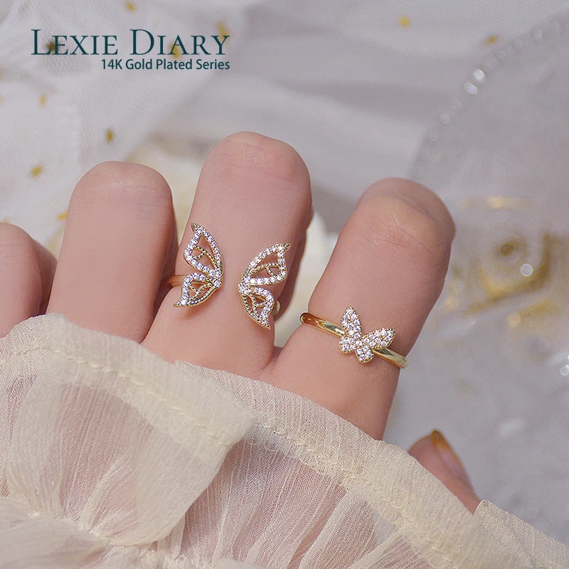 

Lexie Diary 14K Real Gold Hollow Butterfly CZ Ring for Women Adjustable Open Design Zircon Butterfly Ring Wedding Jewelry Gift