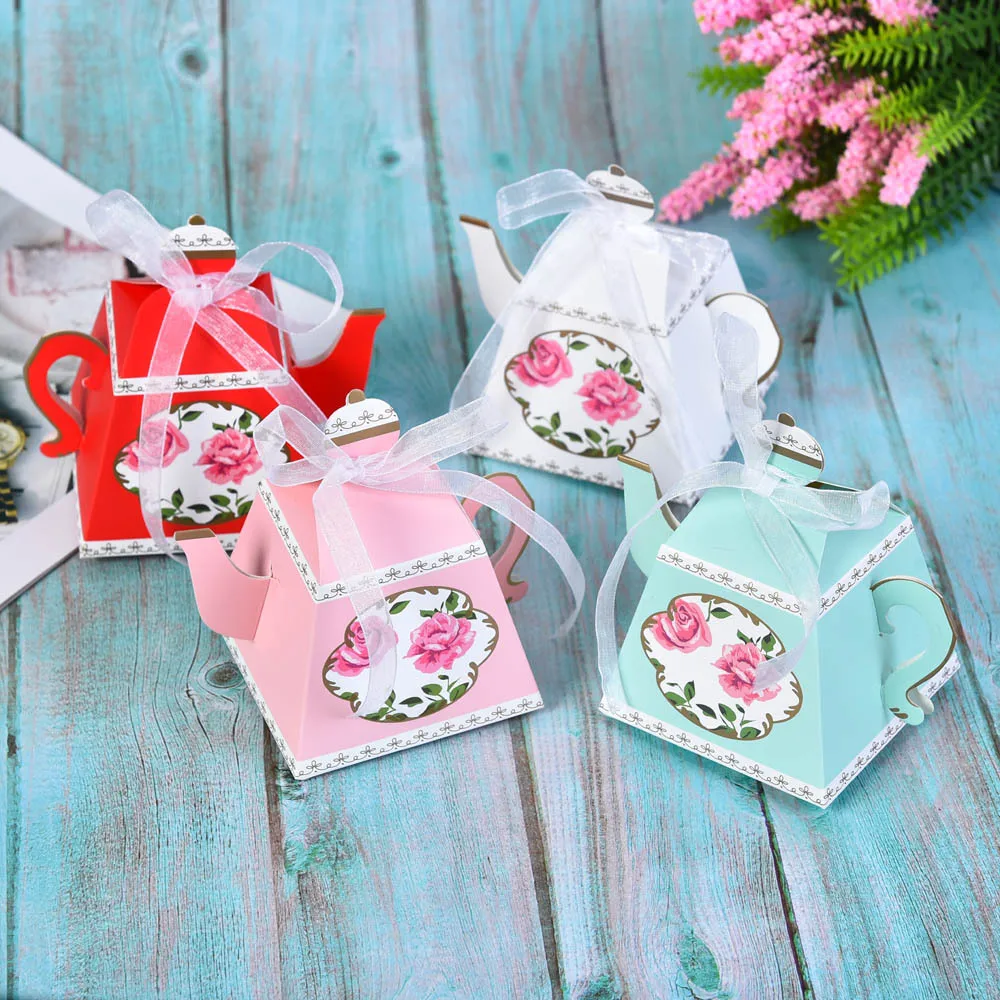 

50pcs Teapot Paper Candy Boxes for Wedding Birthday Party Supplies Pastry Chocolate Boxes with Ribbon