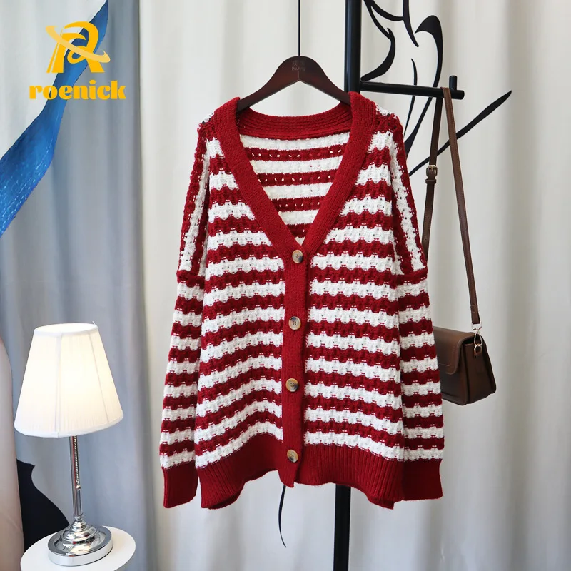 

ROENICK Women Contrast Striped Sweaters Cardigan Korean Style Loose Long-sleeve Knitted Tops Autumn Winter Fashion Jumpers Coats