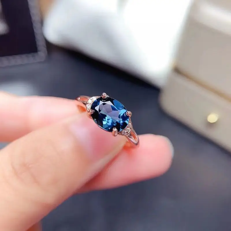 

High quality natural London blue topaz ring women's s925 silver Japanese and Korean trendy sapphire crystal ring