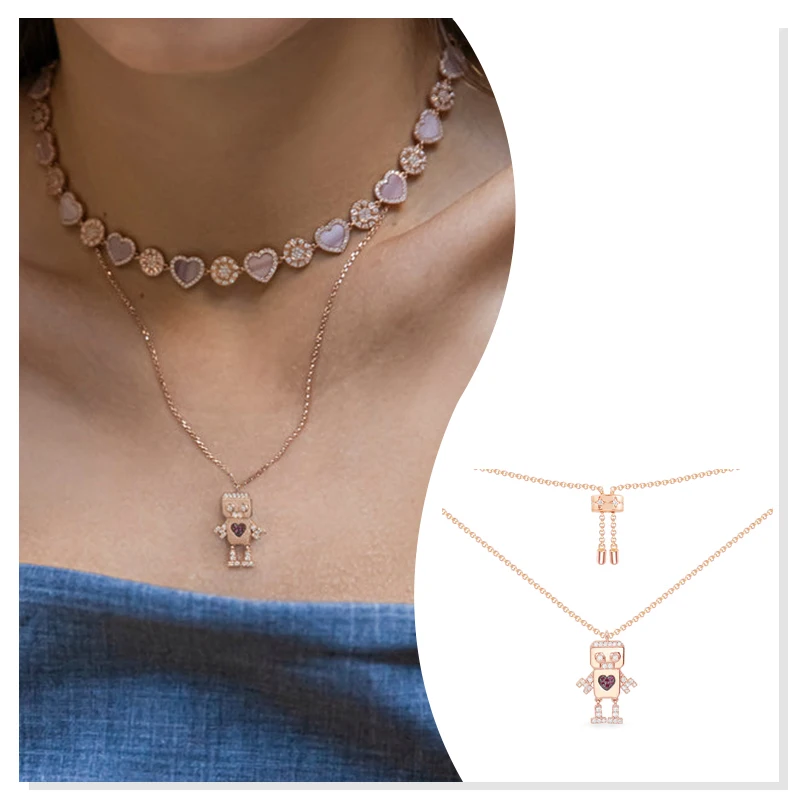 

925 Sterling Silver Zircon Necklace Rose Gold Robot 2022 New Valentine's Day Gift Original ins Sweet and Cute Fashion Boutique
