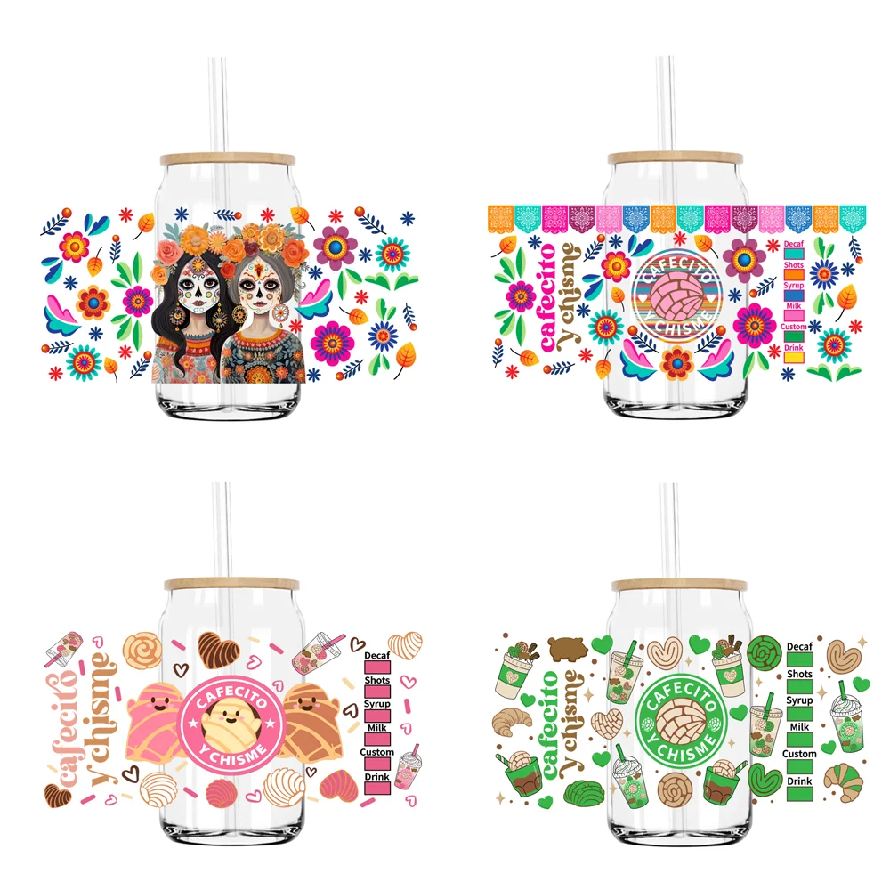 Фото Наклейки-трансферы для стаканов Cafecito y Chisme Mexico 16OZ, УФ-печать, DTF, индивидуальные этикетки, DIY, прочные, водонепроницаемые, с логотипом, для стеклянных банок Libbey. №1