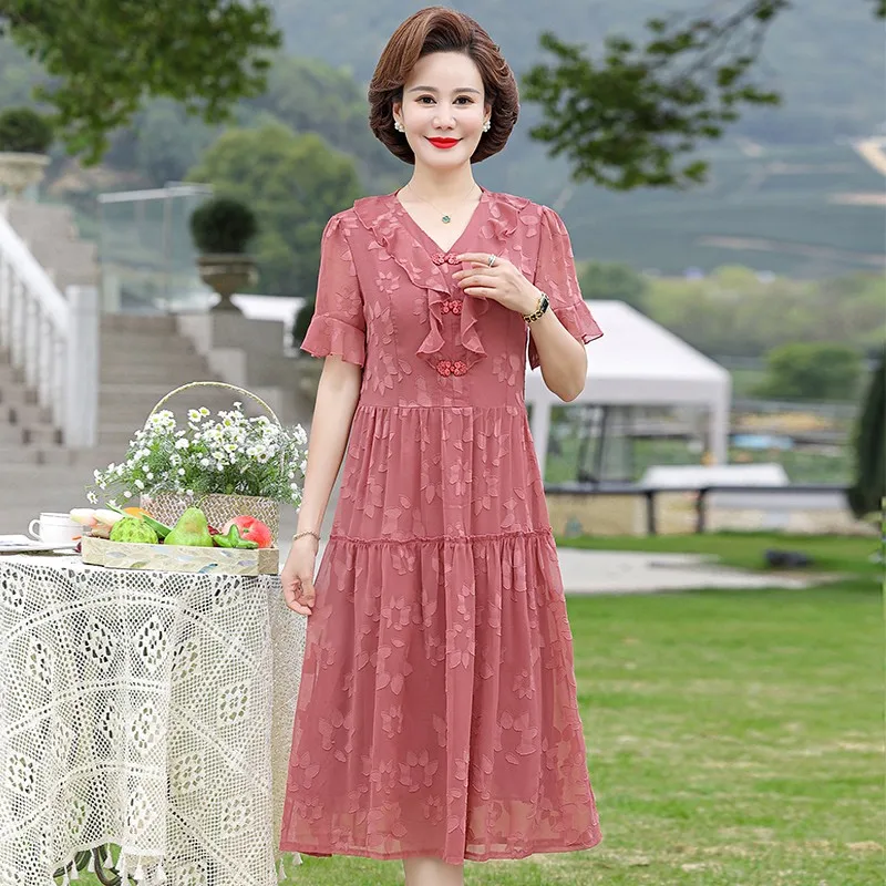 

Long Dress For Women summer Short sleeve A-line Chiffon jacquard V-neck ruffled edge Midi Dresses Female Elegant Vestido Rebo