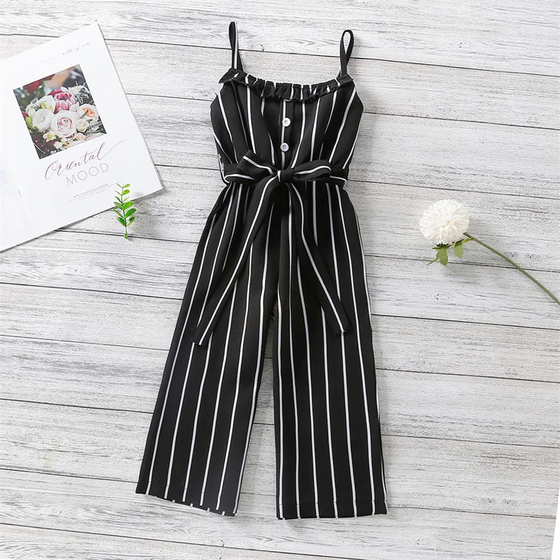 

2021 Kids Summer Trousers Stripes Spaghetti Strap Flounce Sleeveless Casual Pupil Romper Jumpsuit for Girls 1-6 Years