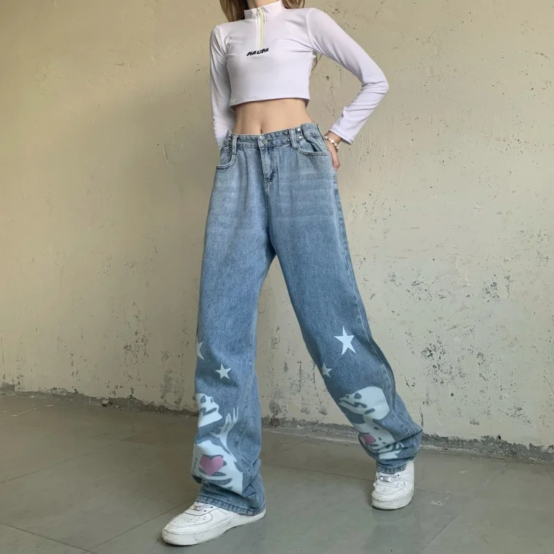 

2023 Korean Fashion Harajuku Gothic Jeans Women's High Waist Wide Leg Pants Skull Print High Street Loose Straight Denim Trouser