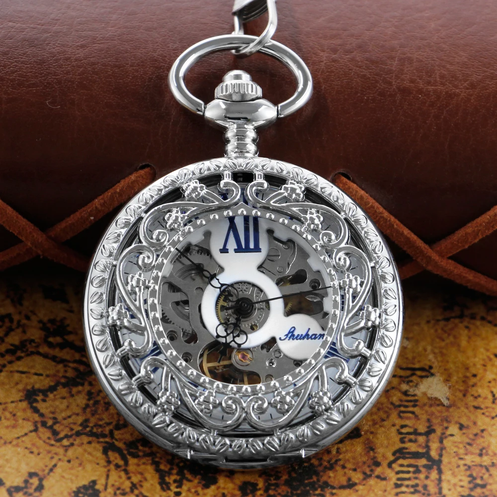 New Vintage Vine Sculpture Mechanical Pocket Watch with Fob Chain Men's Hollow-Out Skeleton Dial Fashion Pocket Watch Gift