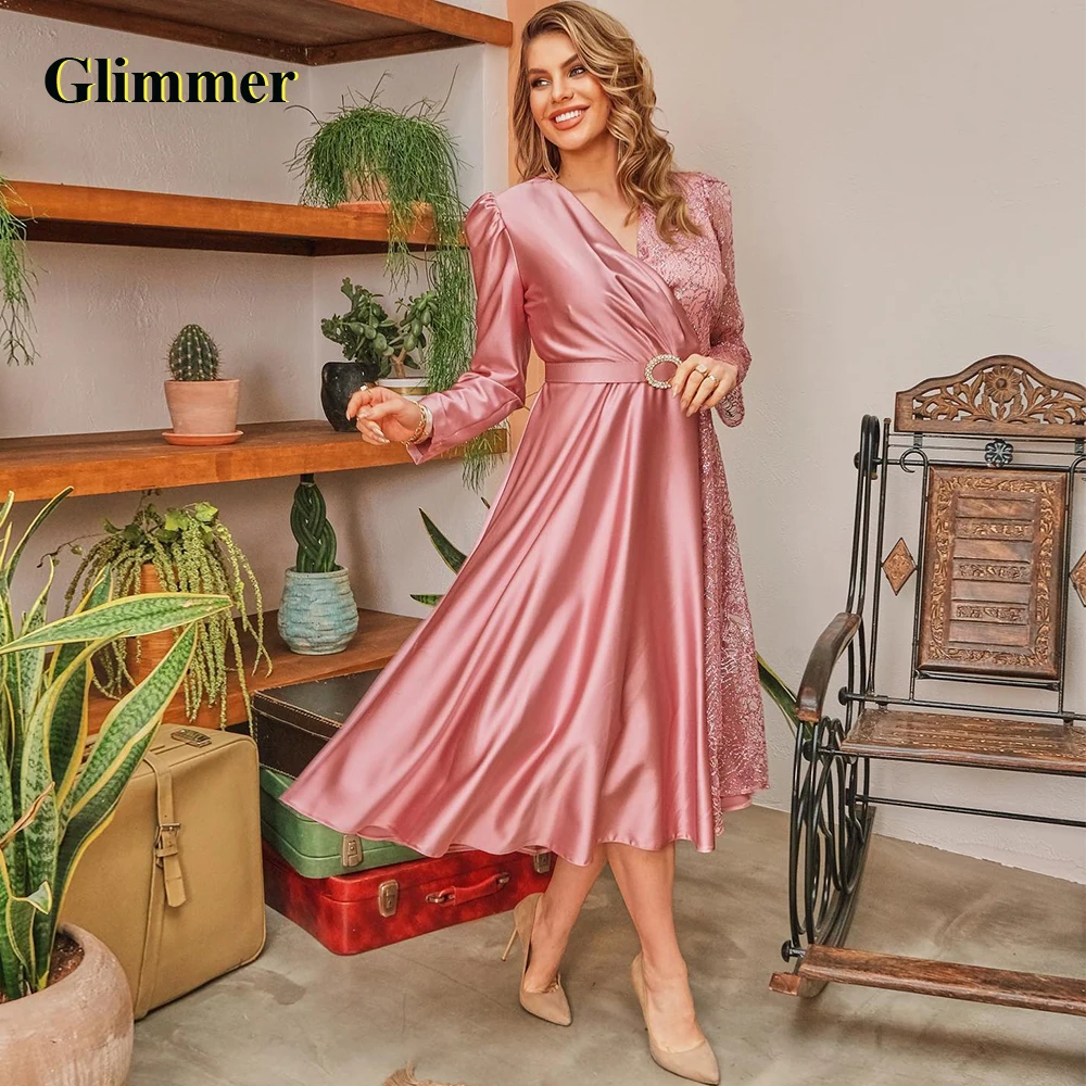 

Glimmer V-Neck Satin Belt Evening Dresses Formal Prom Gowns Custom Made Special Occasion Vestidos Fiesta De Noche Robe De Soiree