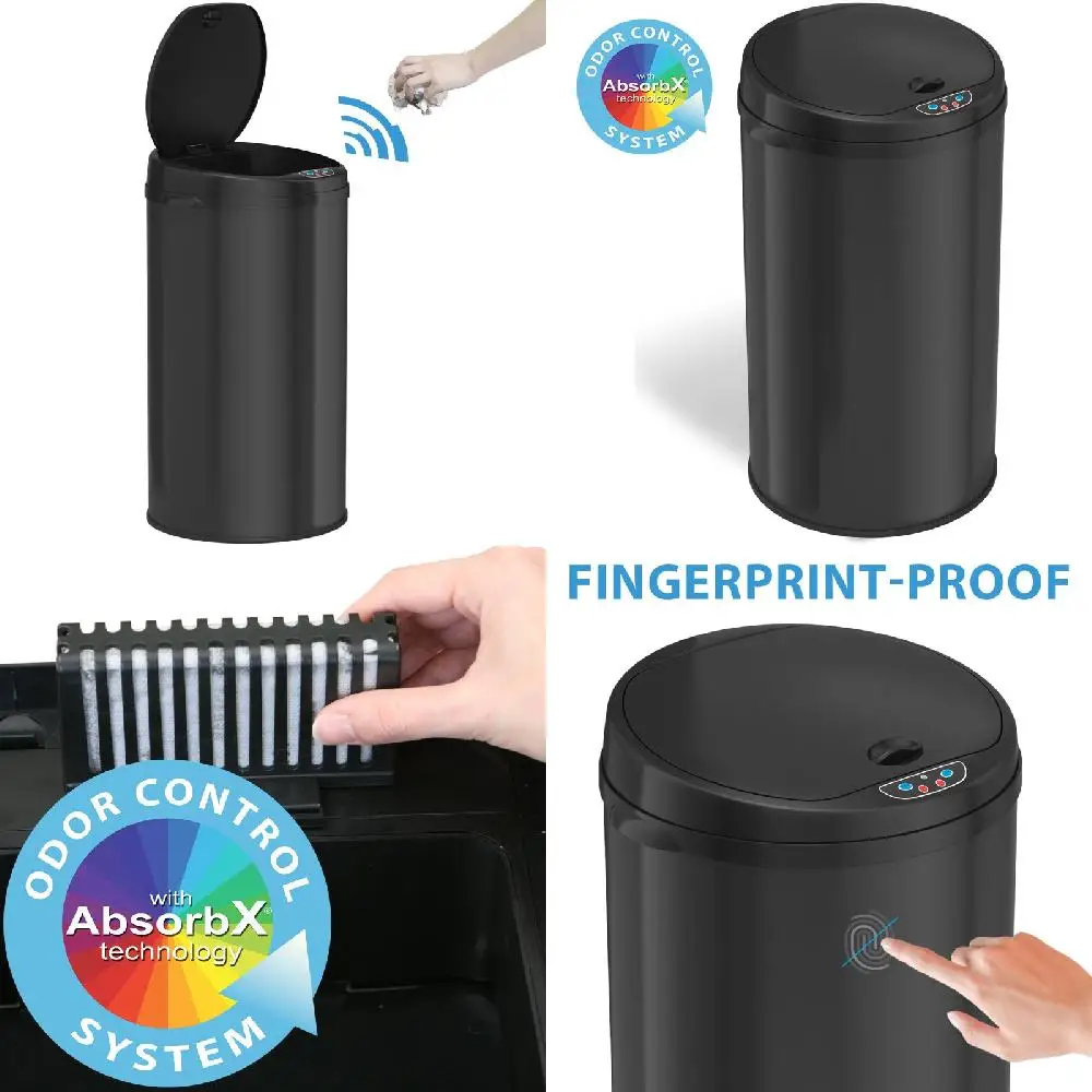 

Premium Matte Black Odour-Absorbing 1 Gallon Round Sensor Stainless Steel Trash Can Deodorizer.