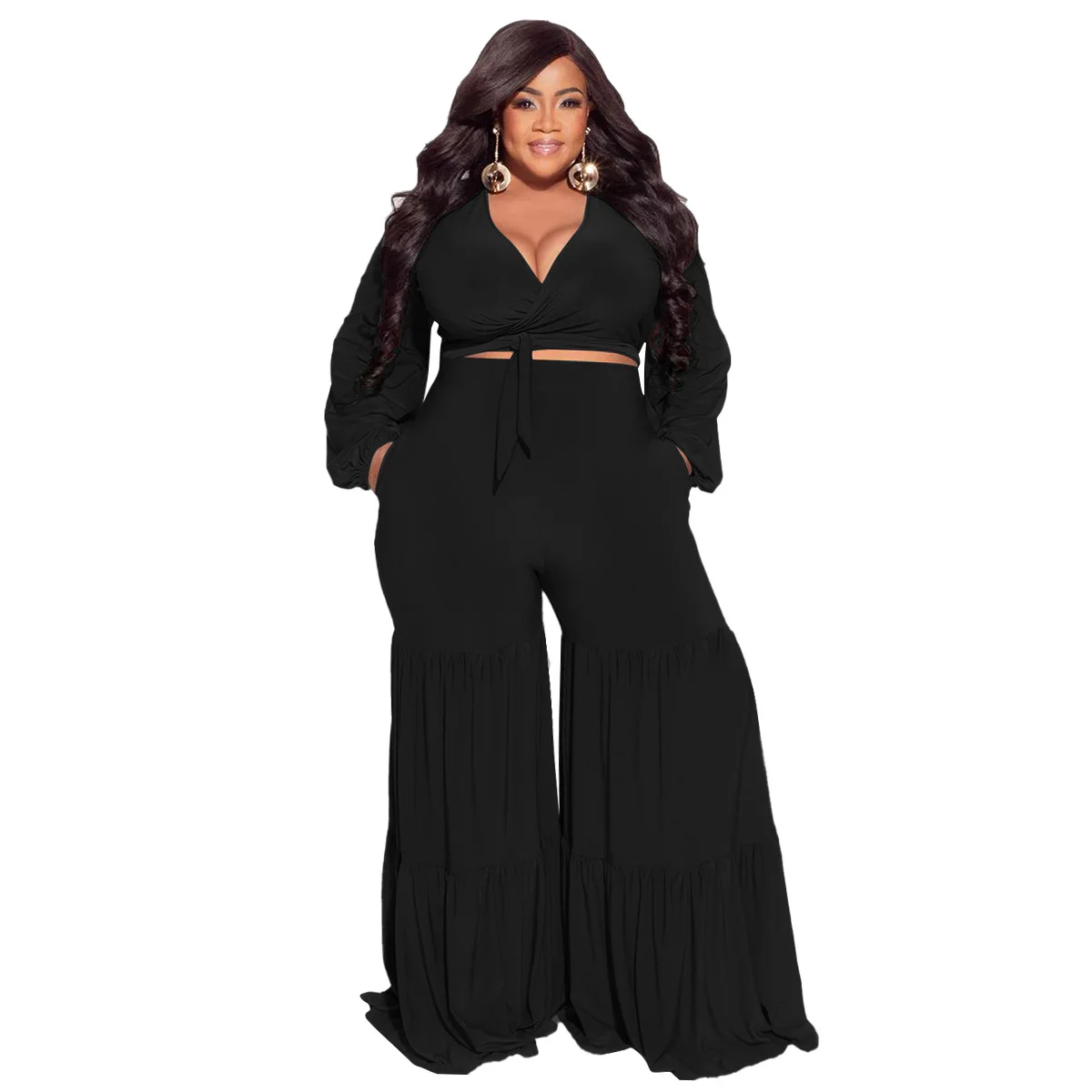 Plus Size Matching Sets Womens Tracksuit Set Solid Long Sleeve V-Neck Lace Up Elastic Waist Slim Office Lady Clothes for Women