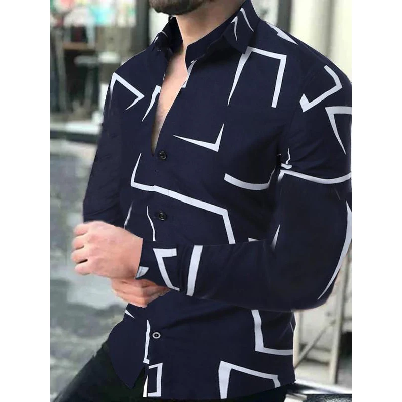2022 New Geometric Print Shirts Men Fashion Turn-down Collar Buttoned Shirt Men's Autumn Casual Long Sleeve Cardigan Streetwear