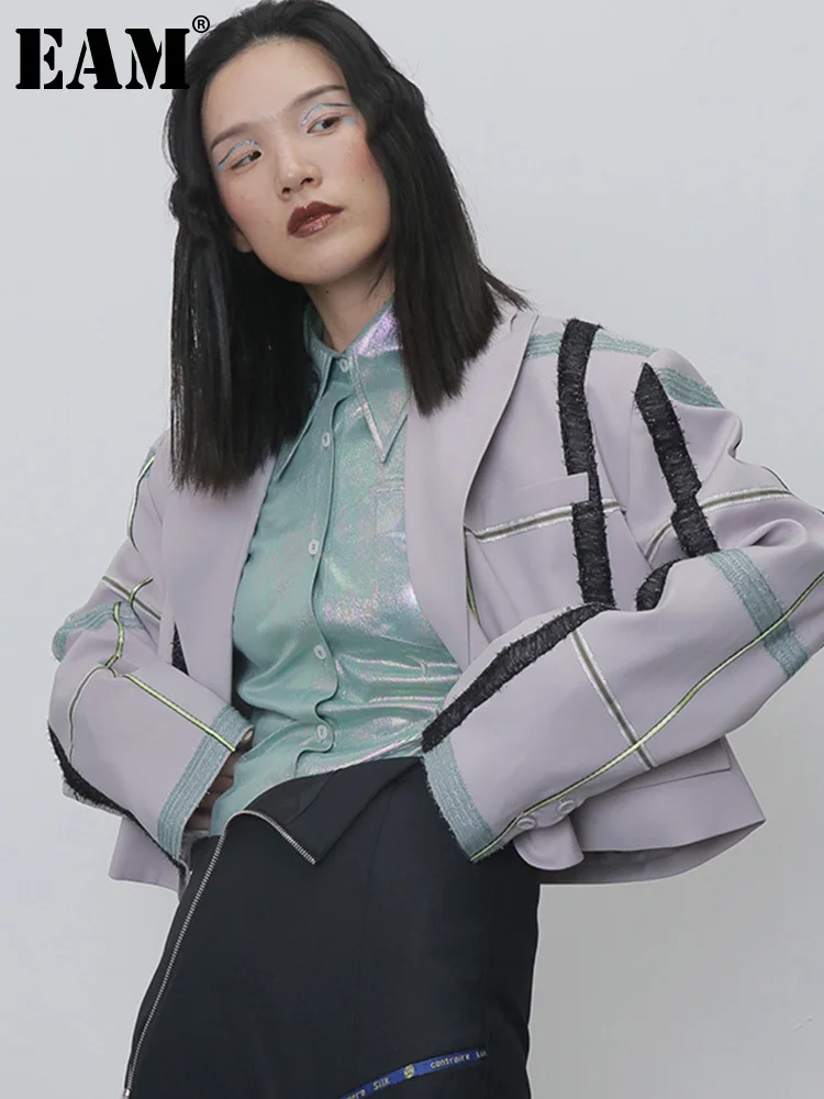 

[EAM] Women Light Purple Ribbon Big Size Short Blazer New Lapel Long Sleeve Loose Fit Jacket Fashion Spring Autumn 2022 1DE9462