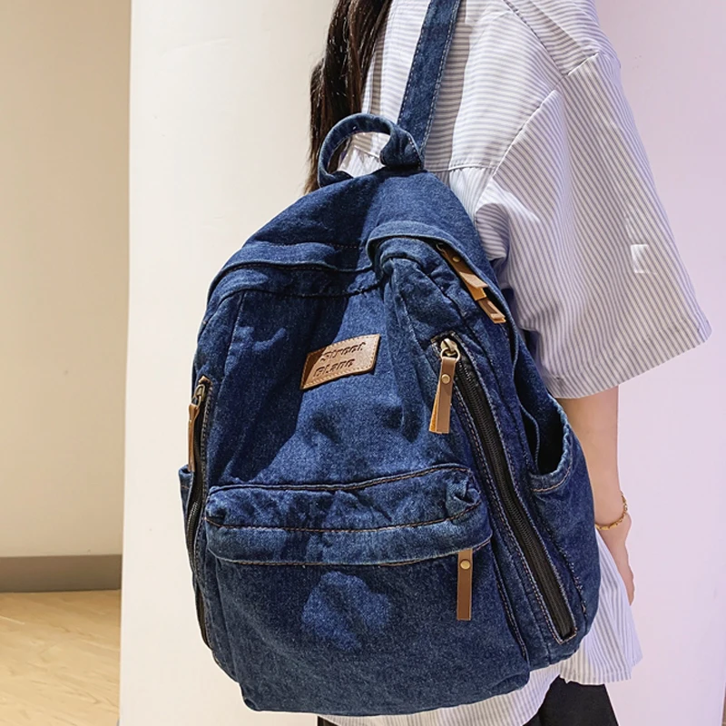 

Large-capacity Denim Men's Student Solid Shopping And Backpack Bag Travel Backpack Soft Women's Color Women's Schoolbag Leisure