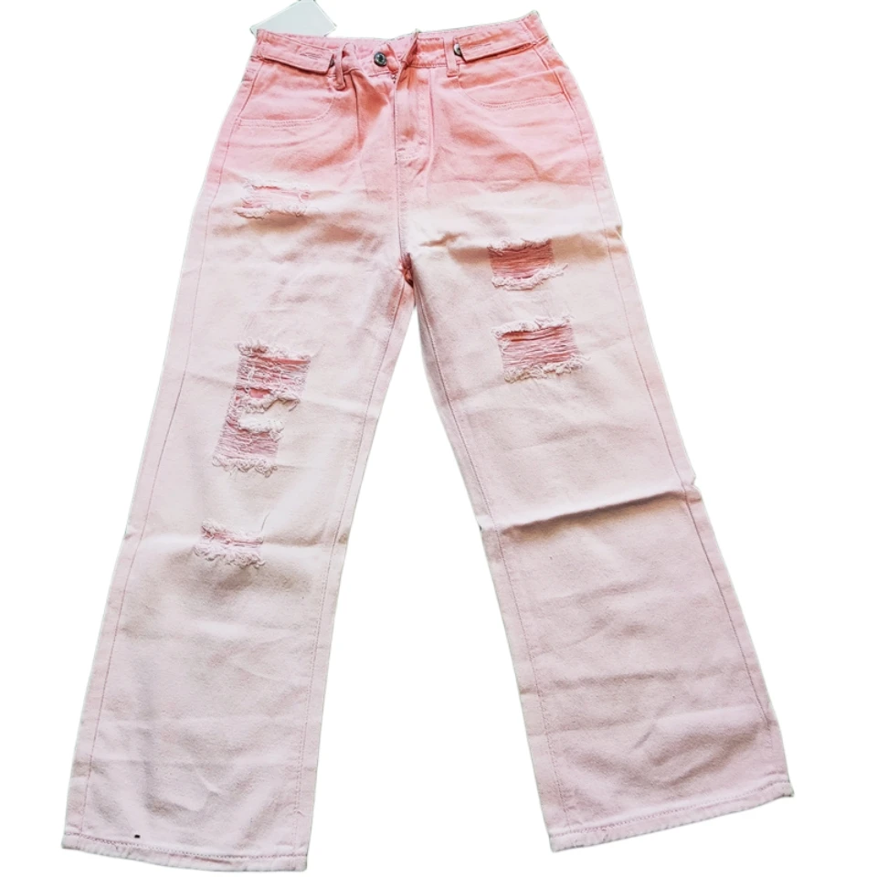 Women Hole Jeans Fashion Gradien Pocket Pink Jeans Full-Length Denim Pants High Elasticity Sweet Casual Pant Korean Fashion