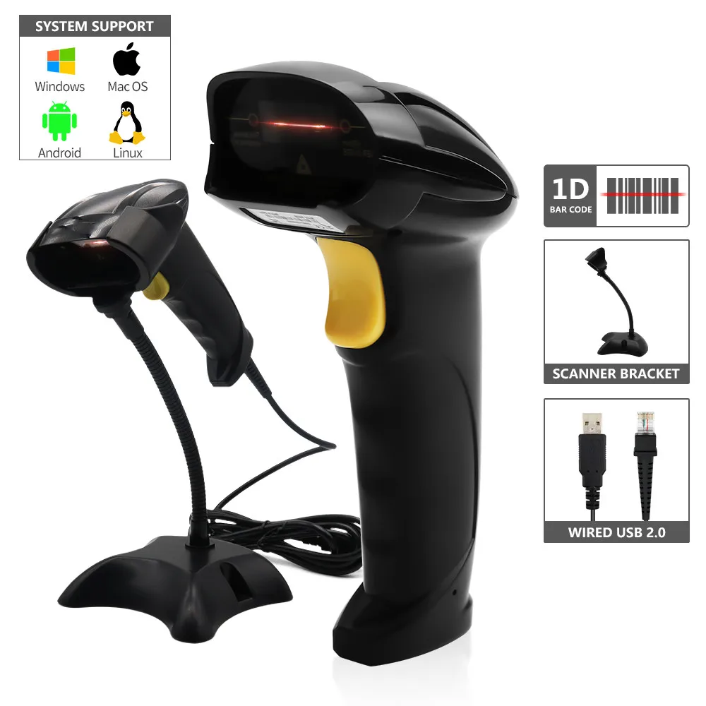 

China Handheld Barcode Scanner Reader 1D Wired Barcode Scanner Wireless QR Code Reader For Warehouse Retail logistics Payment