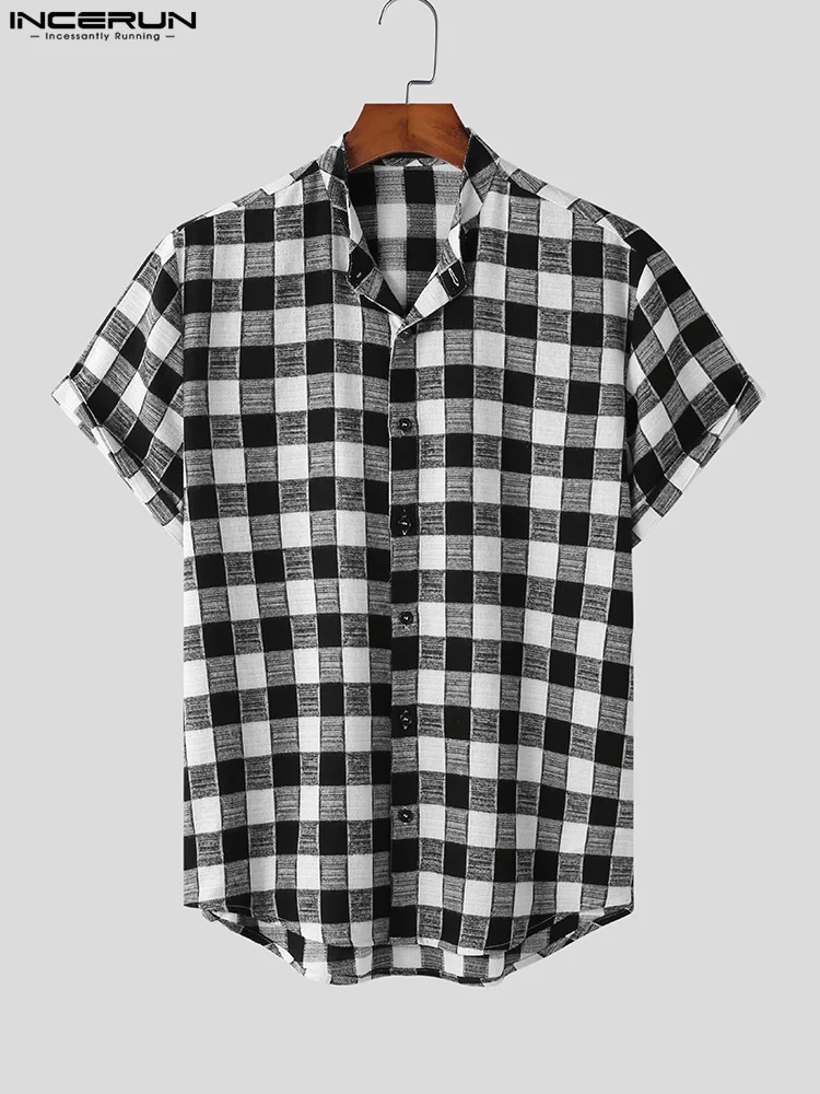 Casual Well Fitting Tops INCERUN New Men Stand-up Collar Blouse Stylish Male Plaid Short-sleeved Lapel Button Shirts S-5XL 2022