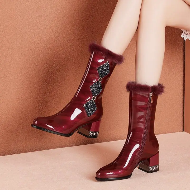 

FHANCHU 2022 женские сапоги до середины икры, модные стразы зимняя обувь, ботинки на блочном каблуке, квадратный носок, круглый носок, боковая мол...