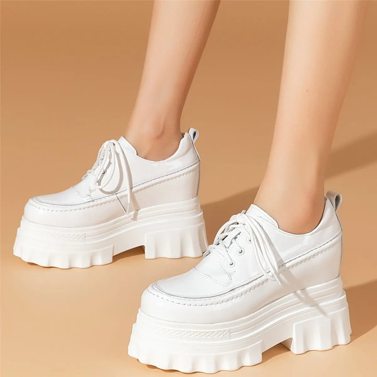 2022 Fashion Sneakers Women Lace Up Genuine Leather High Heel Ankle Boots Female Round Toe Chunky Platform Pumps Casual Shoes