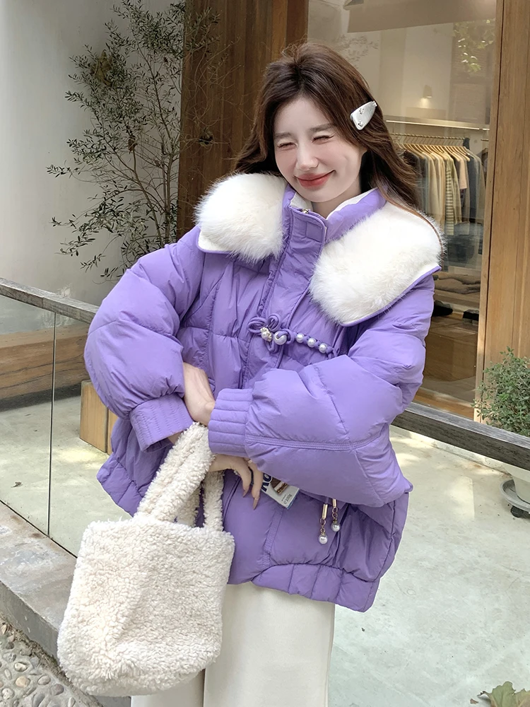 Фиолетовый большой меховой воротник национальный сладкий пуховик с пряжкой