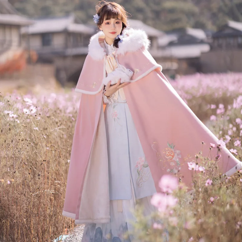 

Autumn Winter Lady Long New Vintage Embroidery Hooded Hanfu Cloak Chinese Style Ancient Cape Women Warm Thick Cosplay Mantle