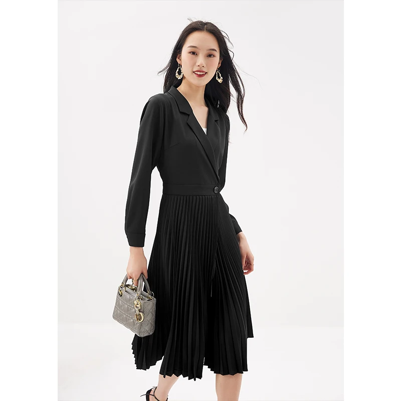 

New 2023 Dress for Women Vestidos De Mujer Invierno Notched Slim Pleated Mid-Calf A Empire Pullover Women Clothing