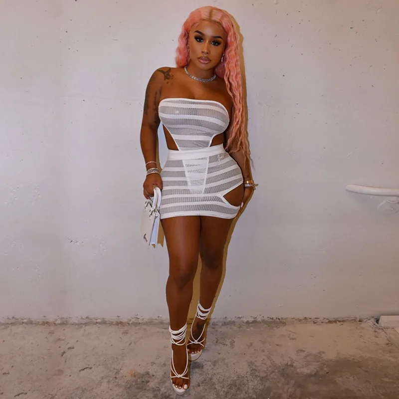 

Adogirl Sexy Mesh See Through Party Night 2 Piece Sets Women Holiday Beach Outfits Off Shoulder Bodysuit + Cut Out Mini Skirt