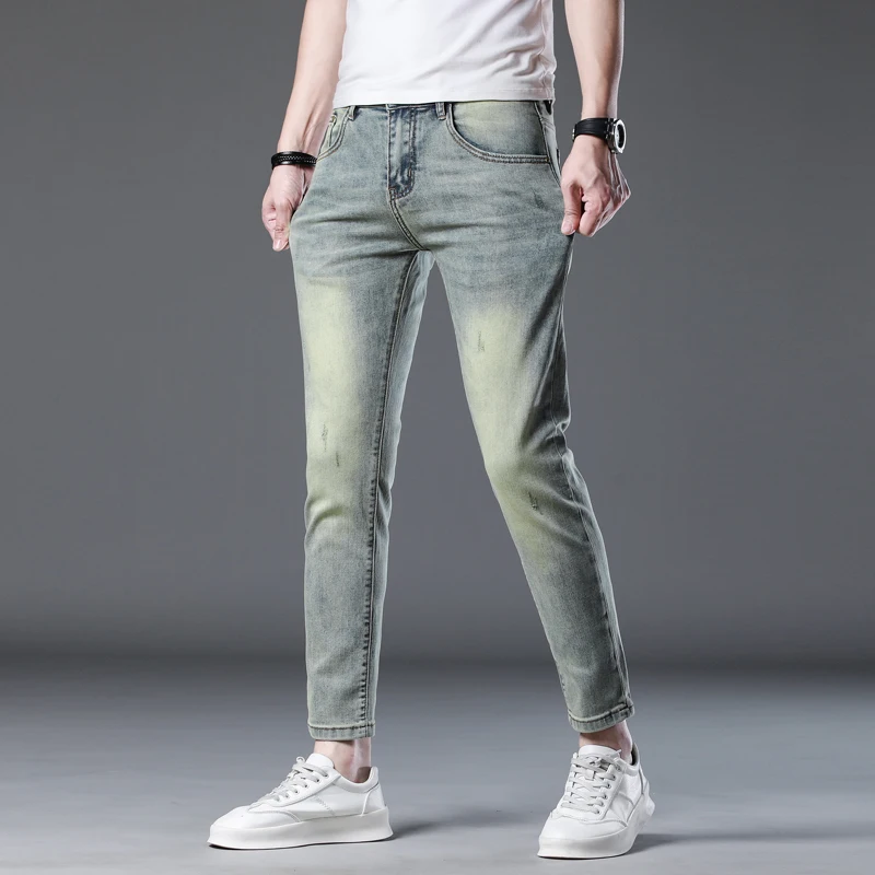 Мужские джинсы в стиле ретро синие облегающие брюки до щиколотки Стрейчевые