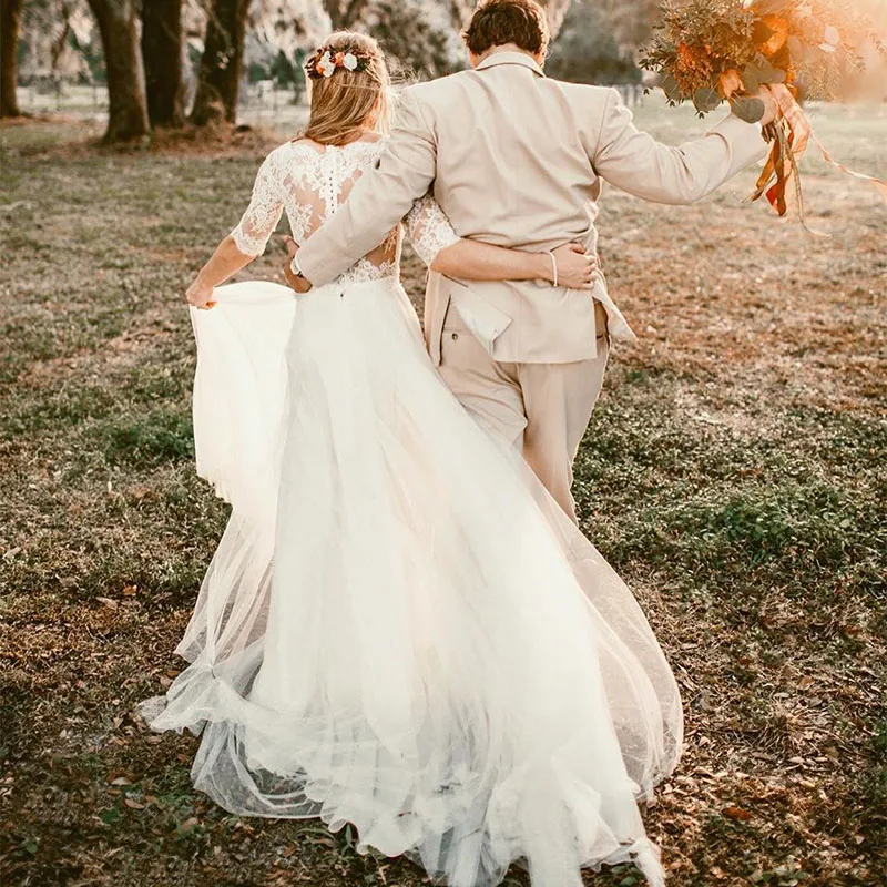 

FATAPAESE Bohemian Boho Wedding Dress Half Sleeves Back Bottons Simple Elegant Party Dresses Chiffon A Line Train Bridal Gown