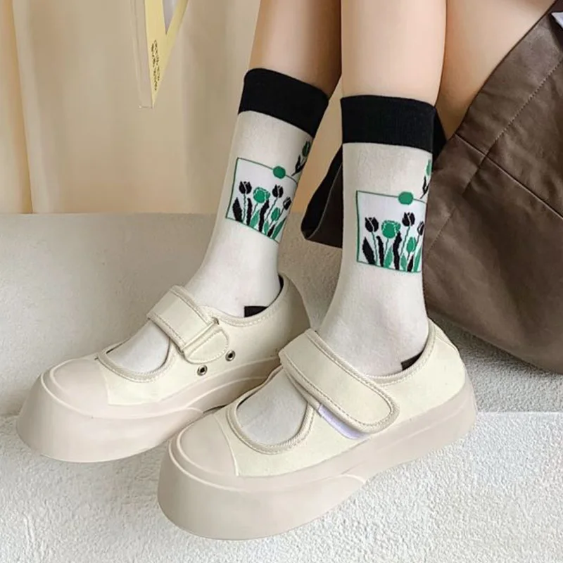 5 Pairs Long Winter Cotton Socks Women Flowers Print Luxury Socks   Fashion Black White Stitching Kawaii Slouch Chaussette Femme