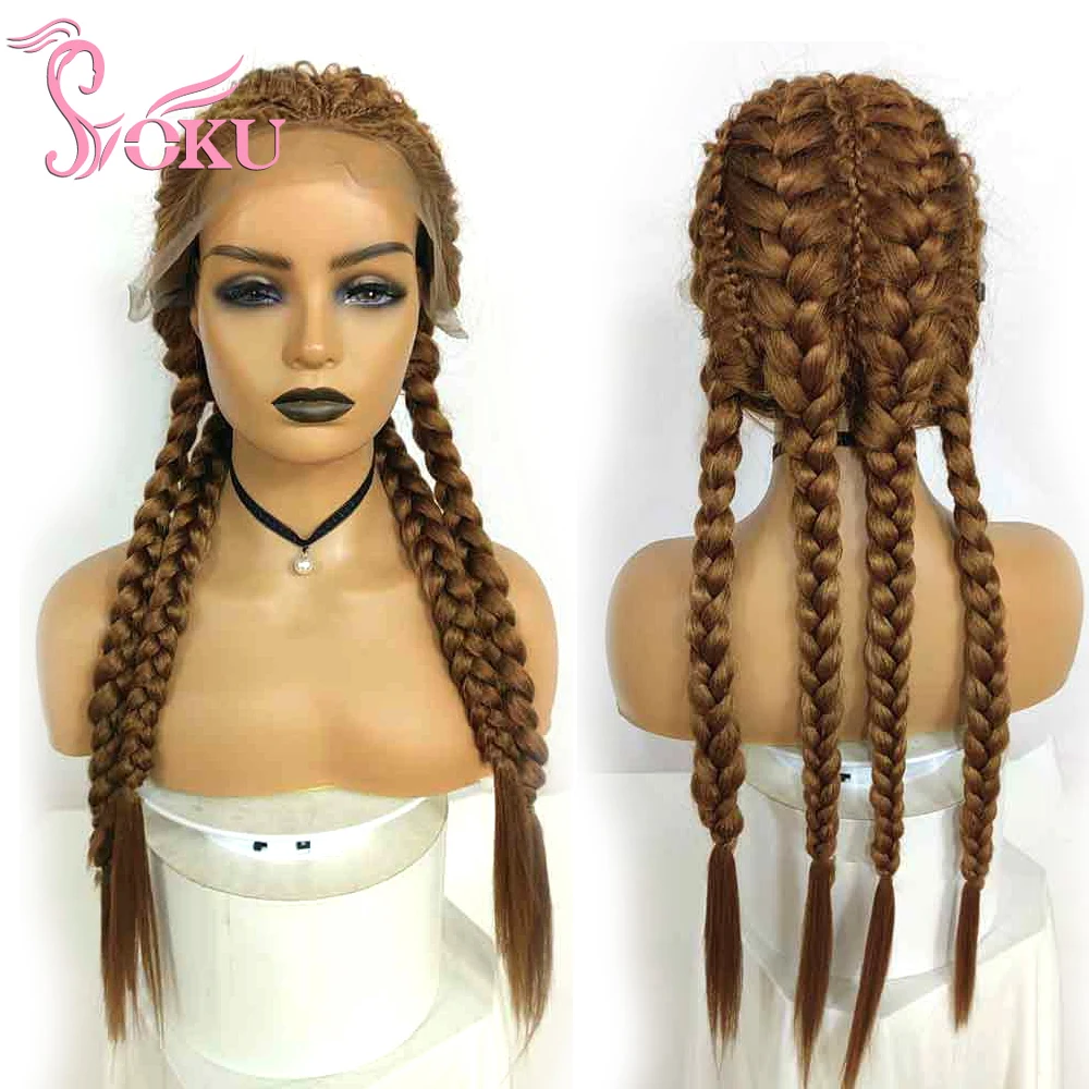 SOKU-peluca trenzada de 13x3 para mujer, postizo de encaje Frontal sintético con pelo de bebé de 27 pulgadas de largo, trenzas dobles holandesas