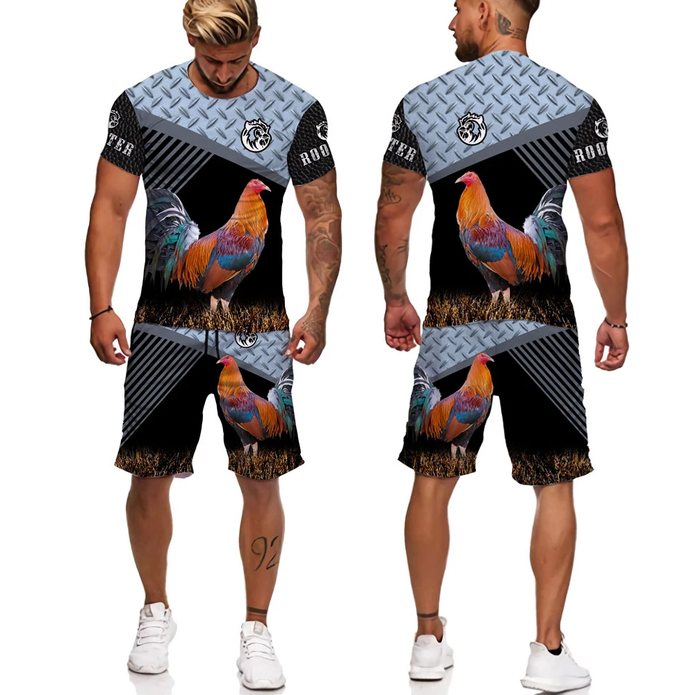 3d Print Rooster Man Summer Set 2 Piece Oversized Tshirt+ Sport Shorts Tracksuit Summer Cock Animal Short Sleeves Sports Suit