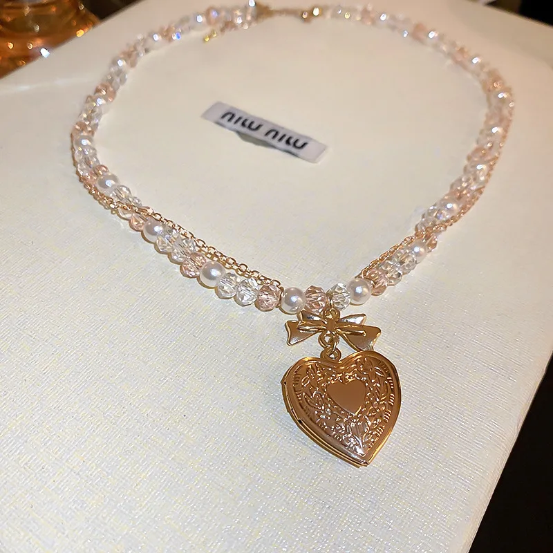 

Retro Crystal Pearl Bow Heart Necklace French Clavicle Chain Necklace Women