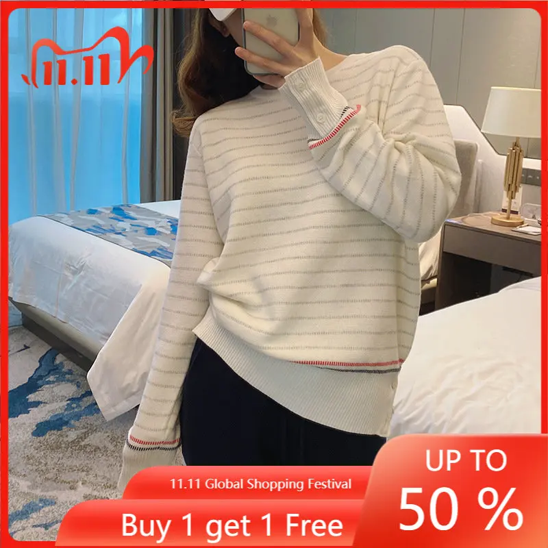 

High Quality Korean TB Academic Knit Dotted Stripe Contrast Loose Casual Versatile V-neck Pullover Long Sleeve Top Autumn Women