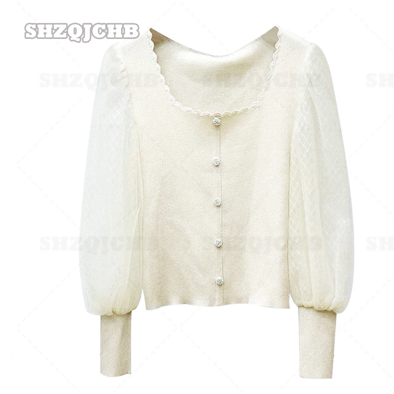 

2022 Spring Mesh Puff Sleeve Knitted Top Women Sweater Square Neck Wave Trim Pullover Pull Femme Jersey Mujer